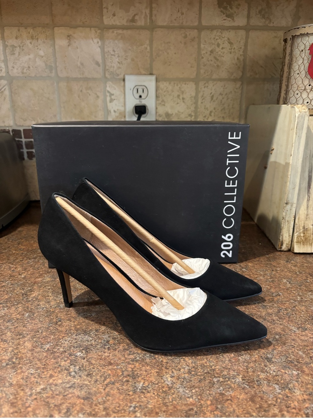 206 Collective Black Suede Pointed-Toe Pumps with Mid Stiletto Heel